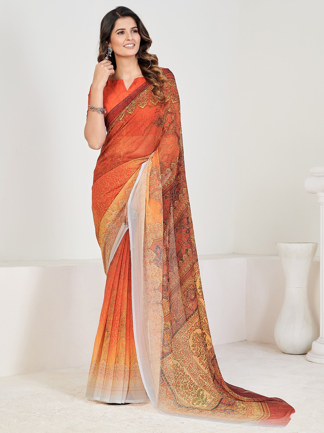 SHOPGARB Orange & Red Ethnic Motifs Pure Georgette Block Print Saree