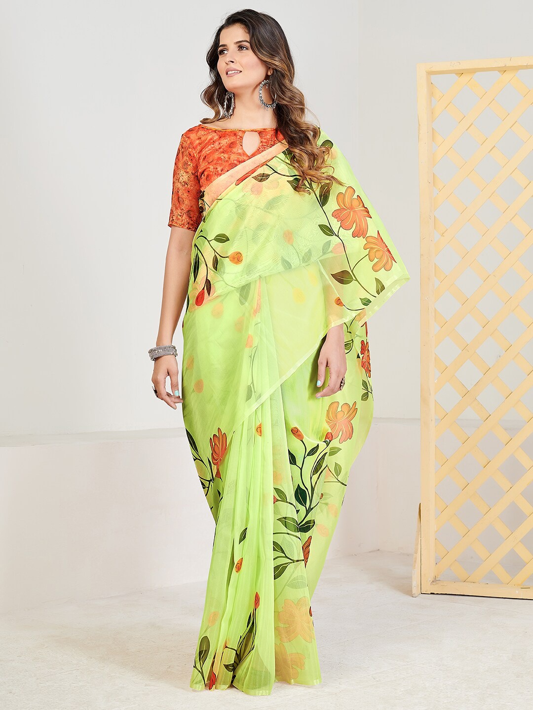 

SHOPGARB Lime Green & Red Floral Organza Block Print Saree