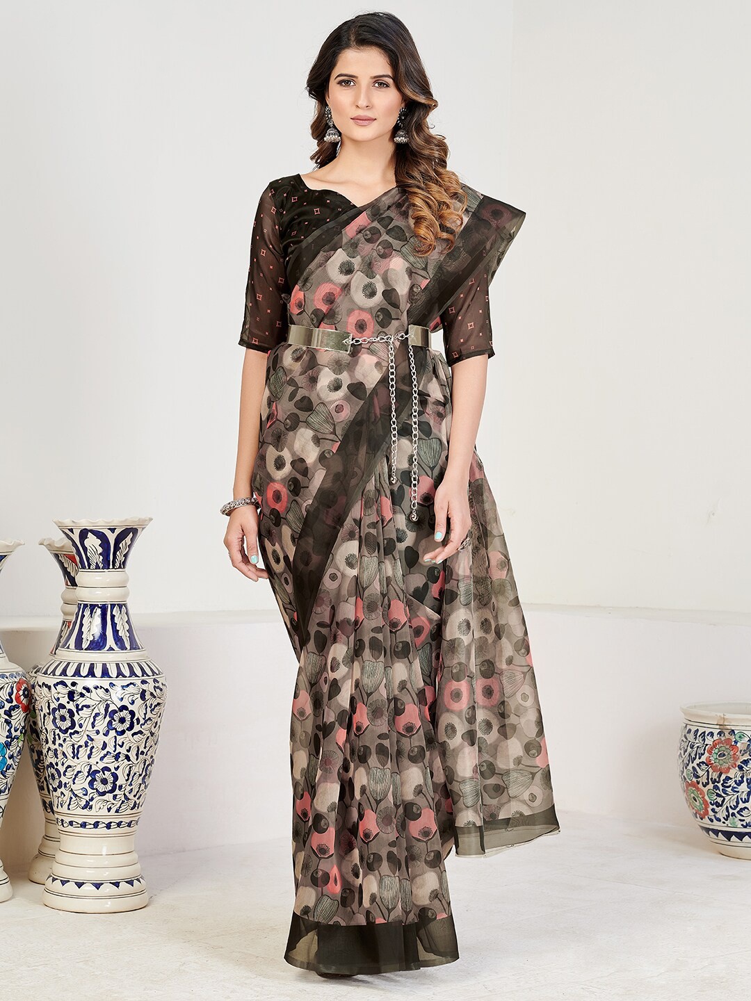 

SHOPGARB Black Floral Printed Organza Saree