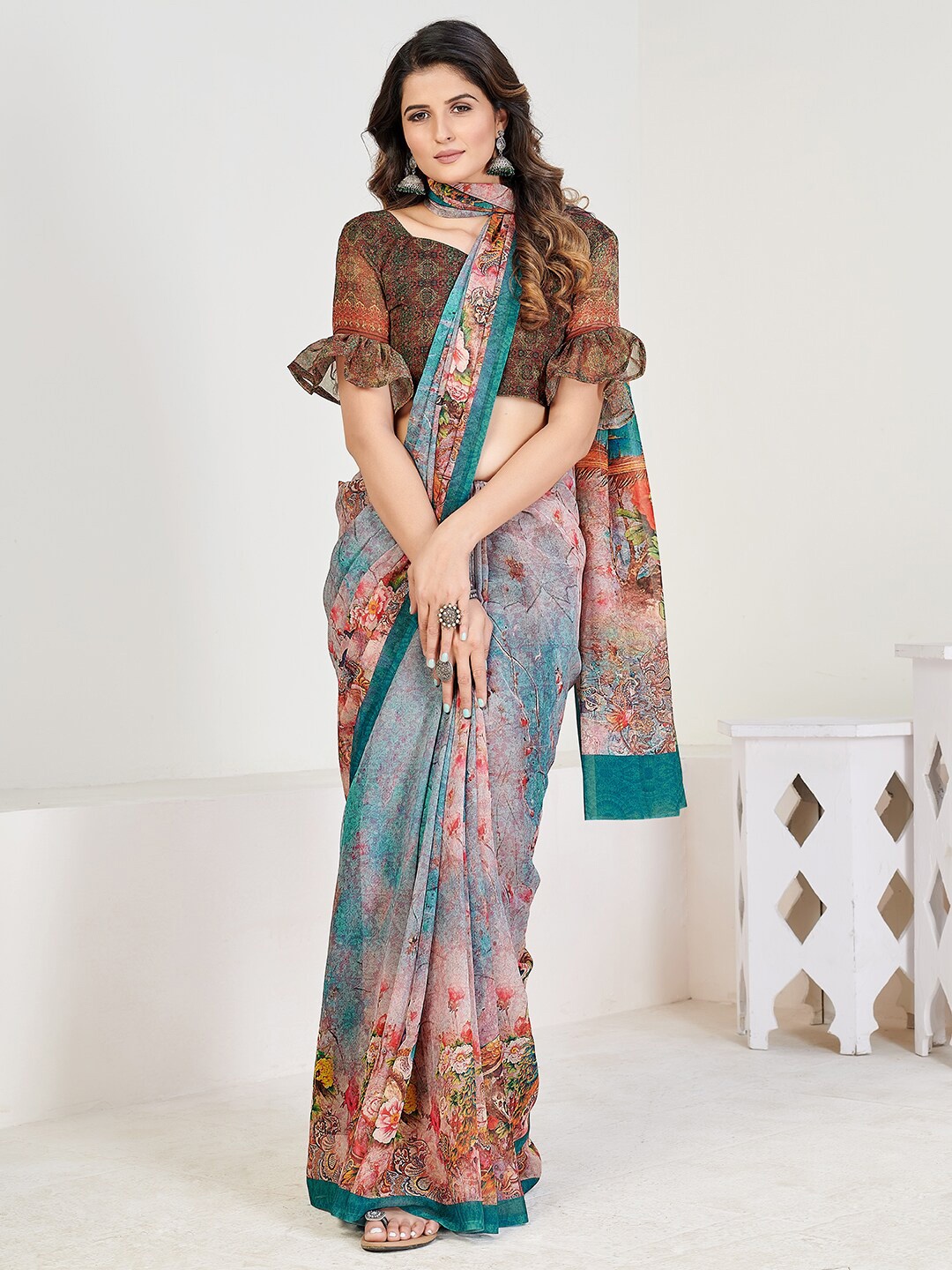 

SHOPGARB Teal & Blue Floral Printed Pure Georgette Saree