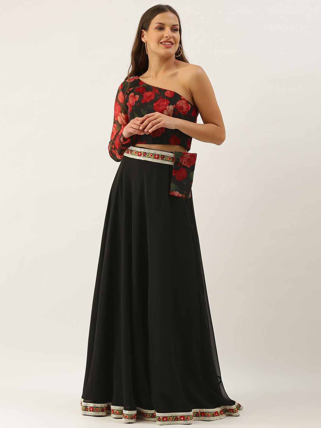 

Ethnovog Black Red Digital Printed Thread Work Made to Measure Fusion Lehenga Choli