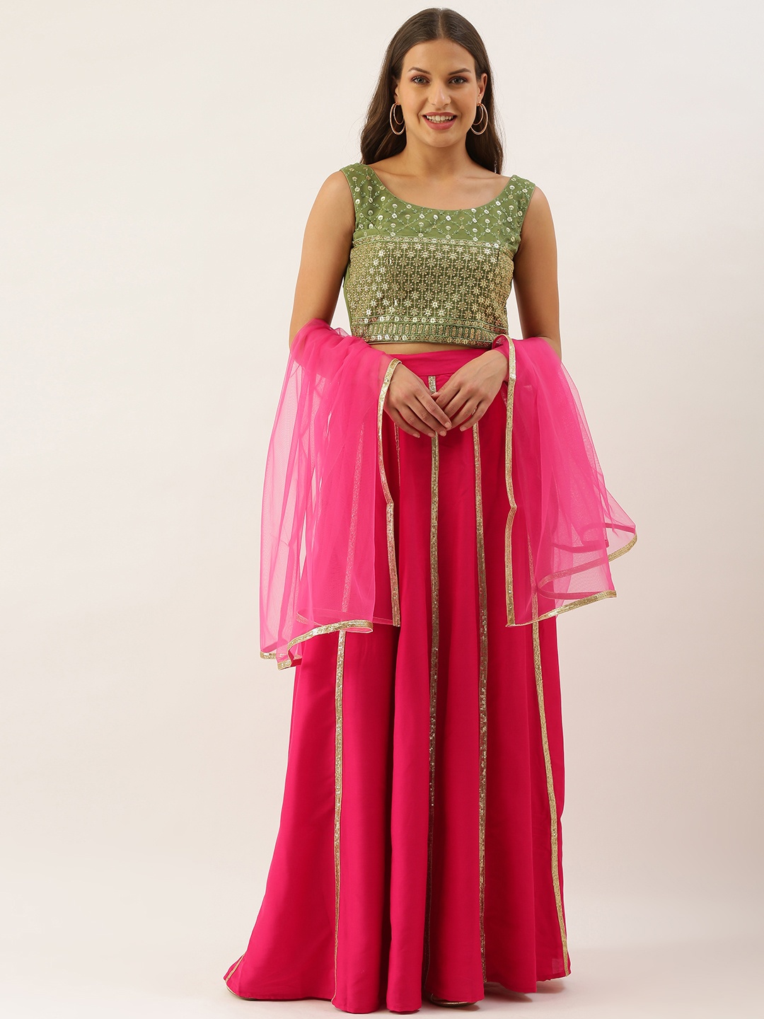 

Ethnovog Pink Gold Embellished Made to Measure Lehenga Blouse With Dupatta