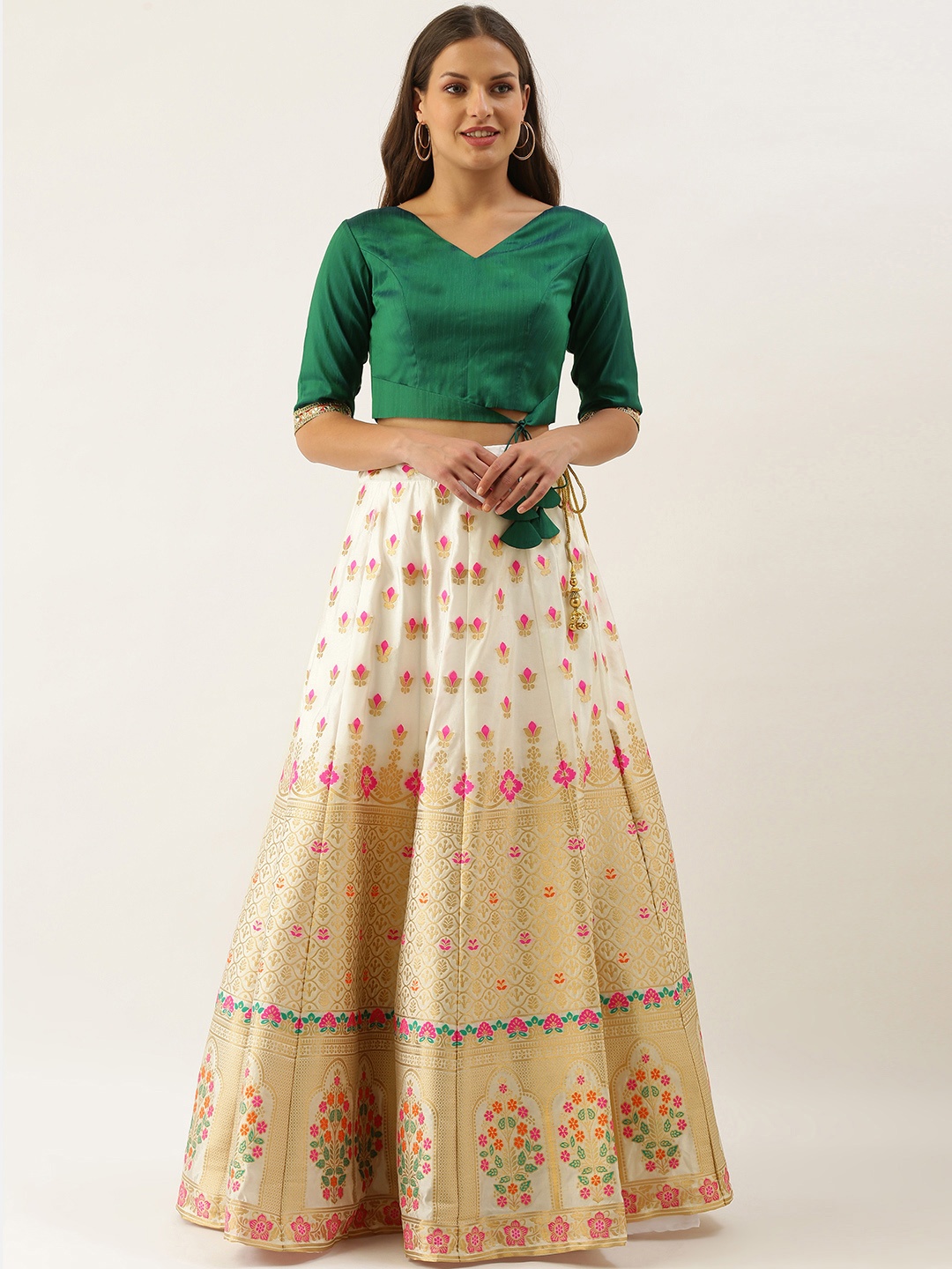

Ethnovog White Gold Made to Measure Zari Lehenga Blouse With Dupatta
