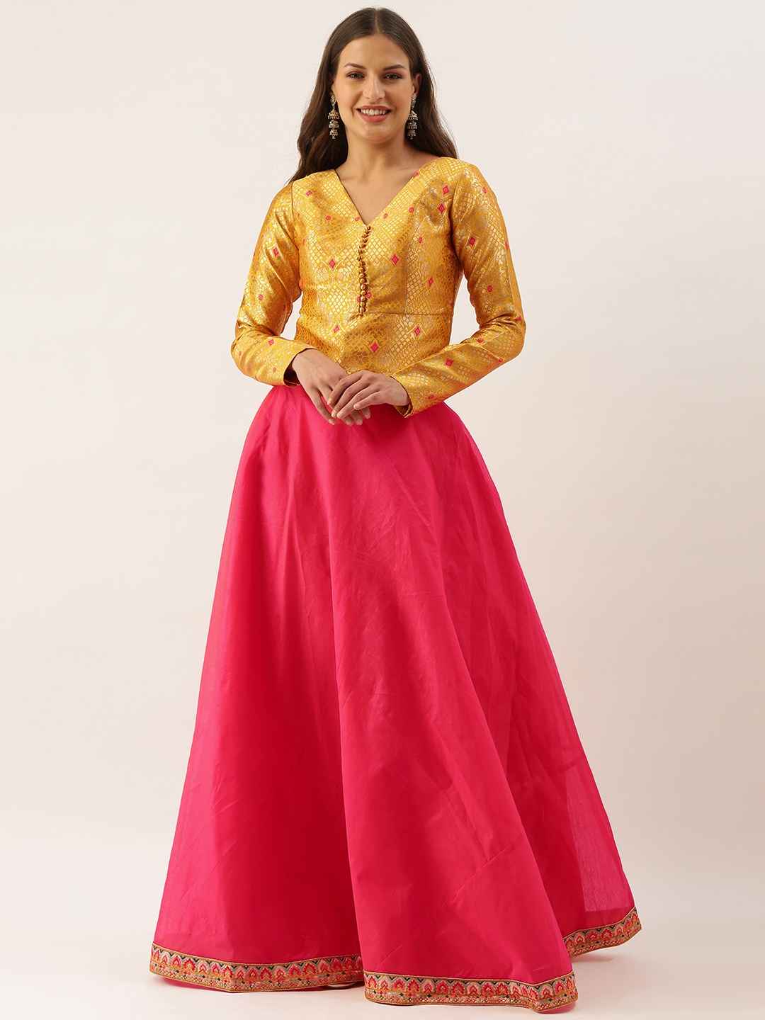 

Ethnovog Pink Mustard Yellow Made to Measure Fusion Zari Lehenga Choli