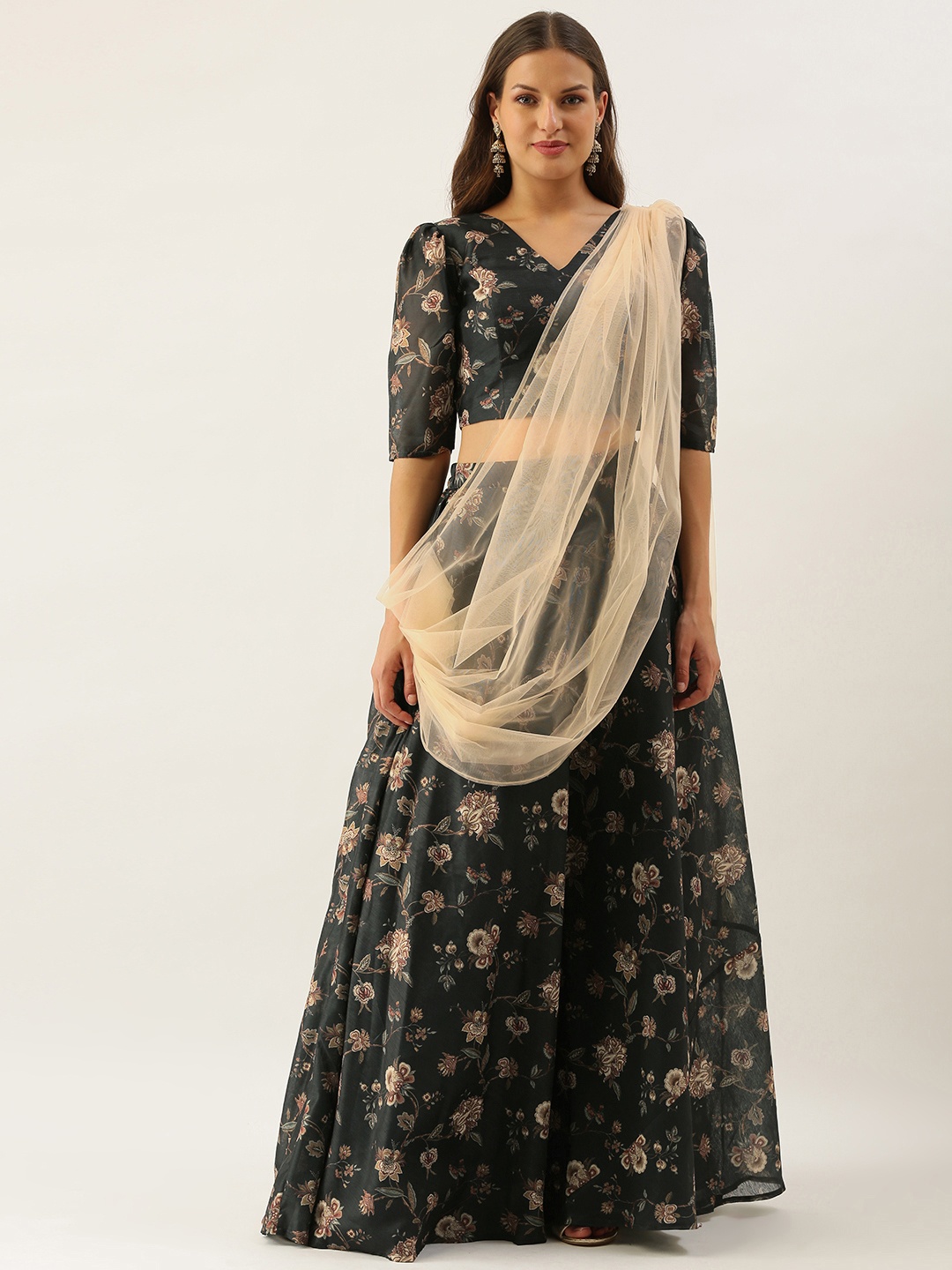 

Ethnovog Green Beige Digital Print Made to Measure Fusion Lehenga Blouse Dupatta