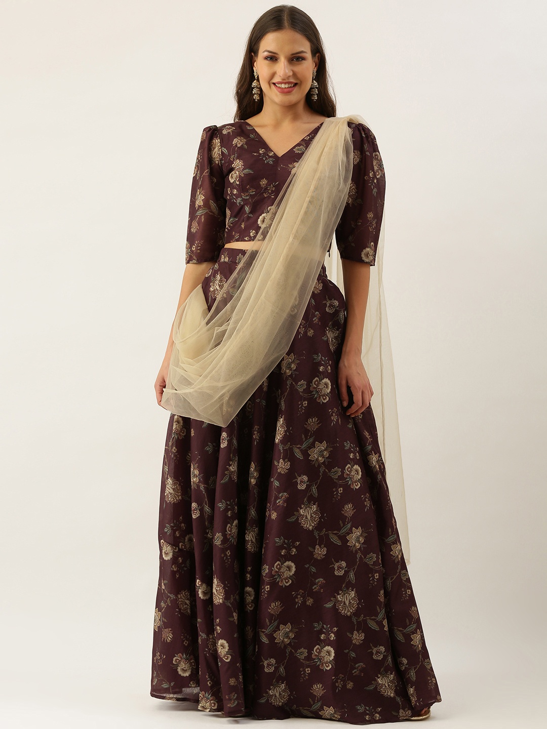 

Ethnovog Maroon Beige Digital Print Made to Measure Fusion Lehenga Blouse Dupatta