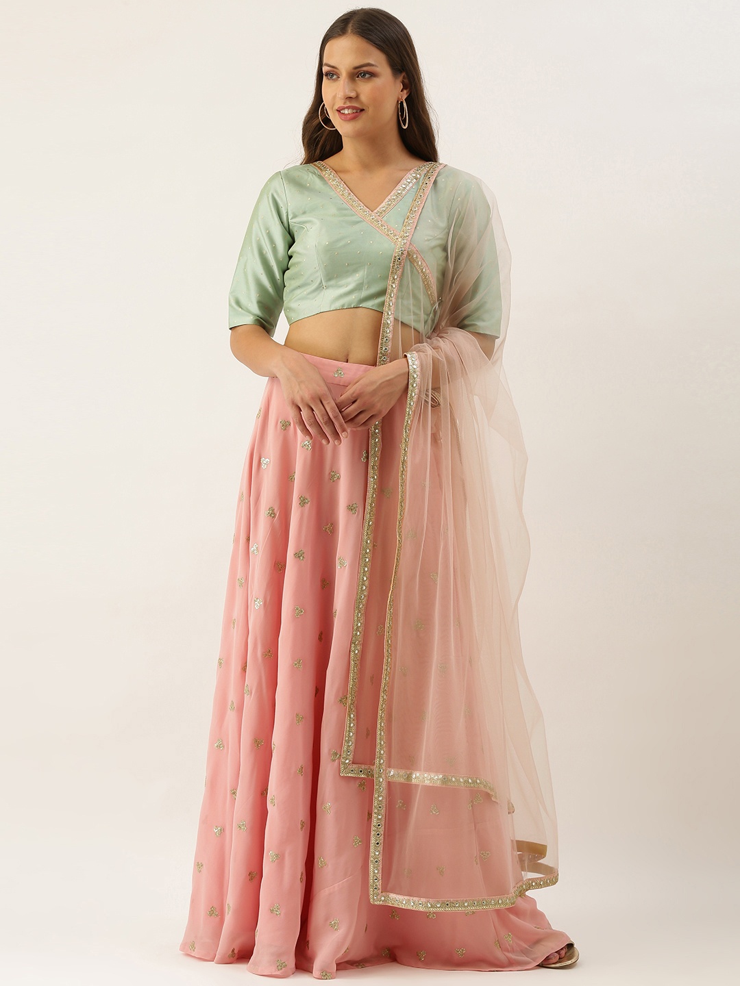 

Ethnovog Pink Green Sequinned Made to Measure Lehenga Blouse With Dupatta