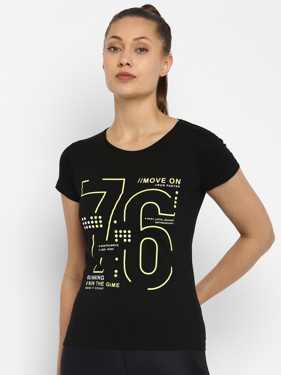 

appulse Women Black & Yellow Typography Printed Cotton Slim Fit Running T-shirt