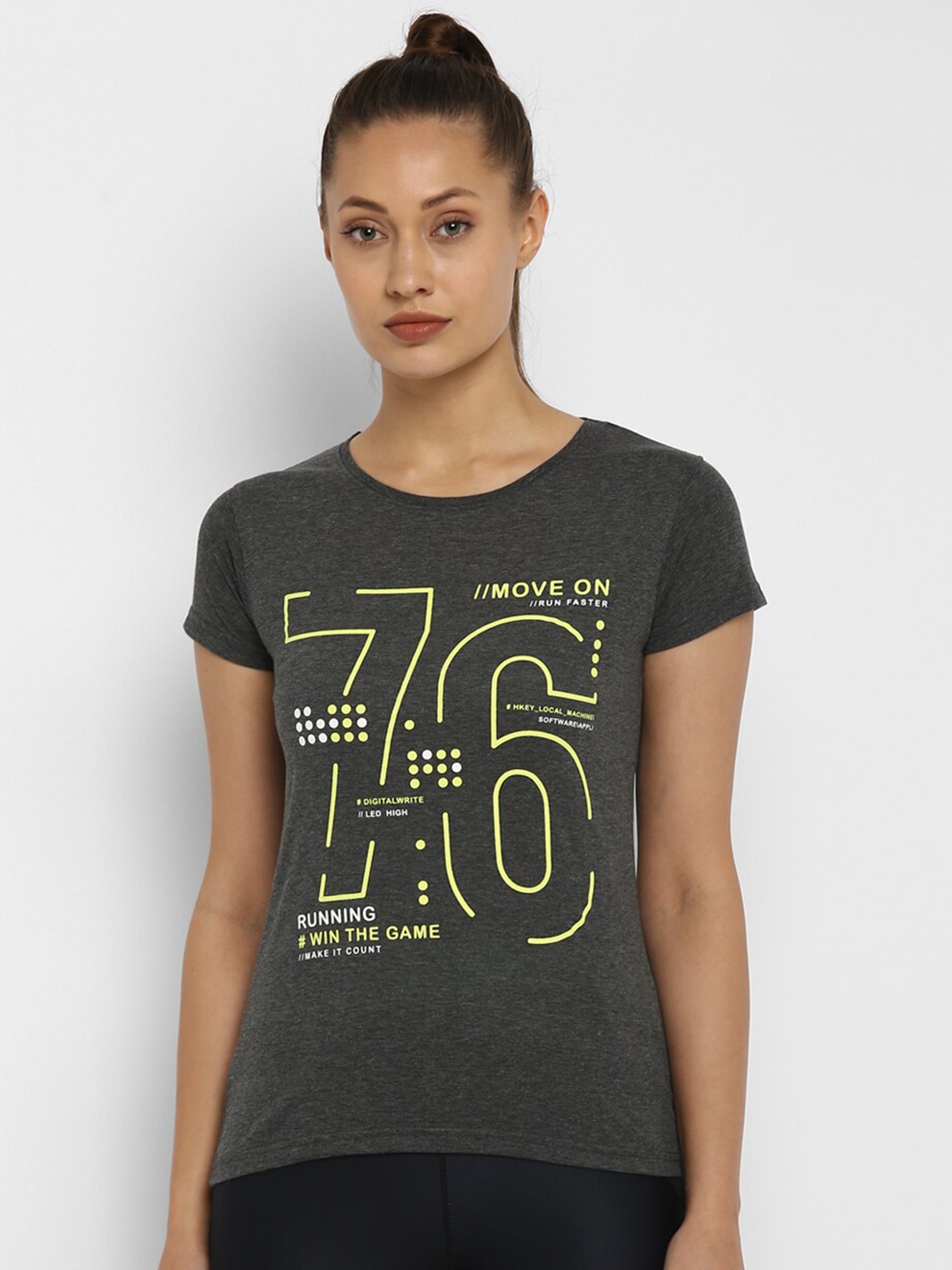 appulse Women Charcoal Typography Printed Slim Fit Running T-shirt