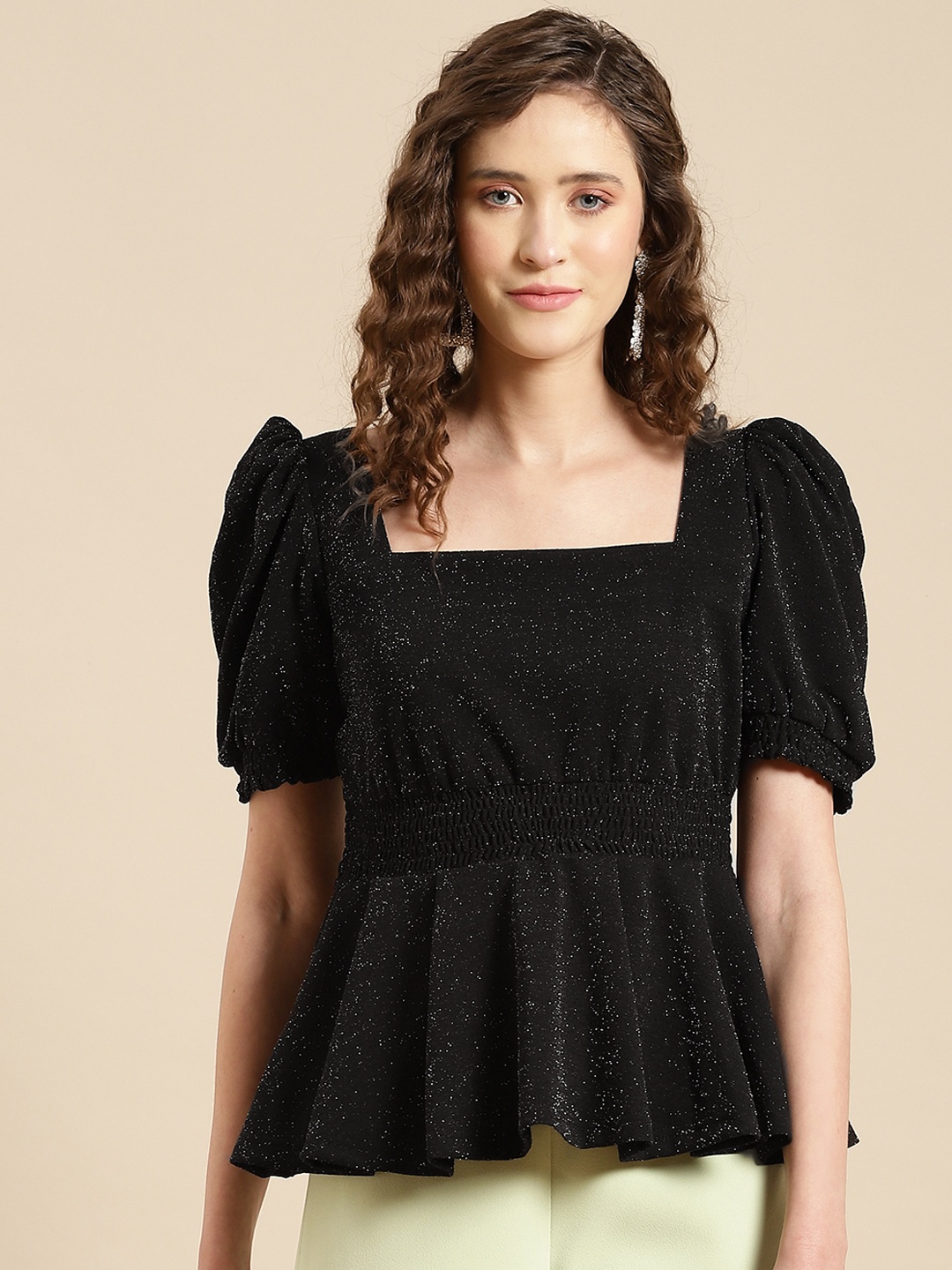 

WoowZerz Black & Silver Shimmer Effect Peplum Top