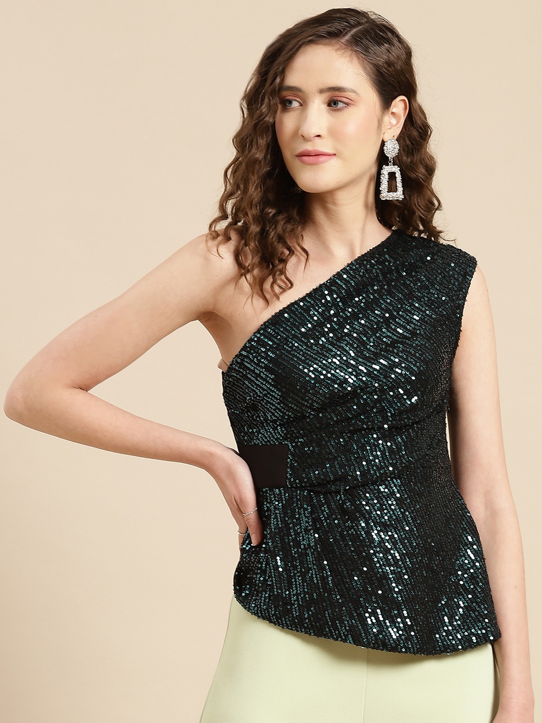 

WoowZerz Green & Black Sequinned One Shoulder Top