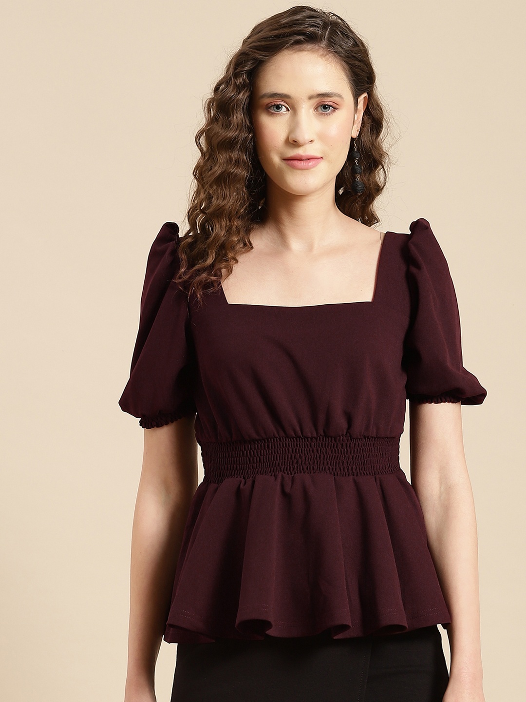 

WoowZerz Burgundy Solid Smocked Peplum Top