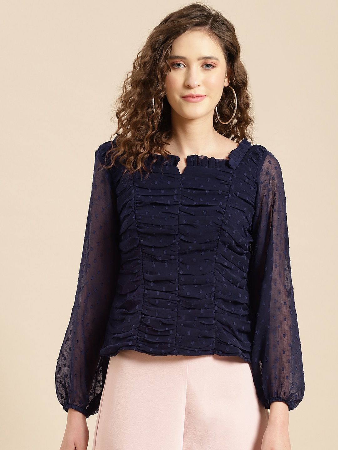 

WoowZerz Navy Blue Self Design Puff Sleeves Top