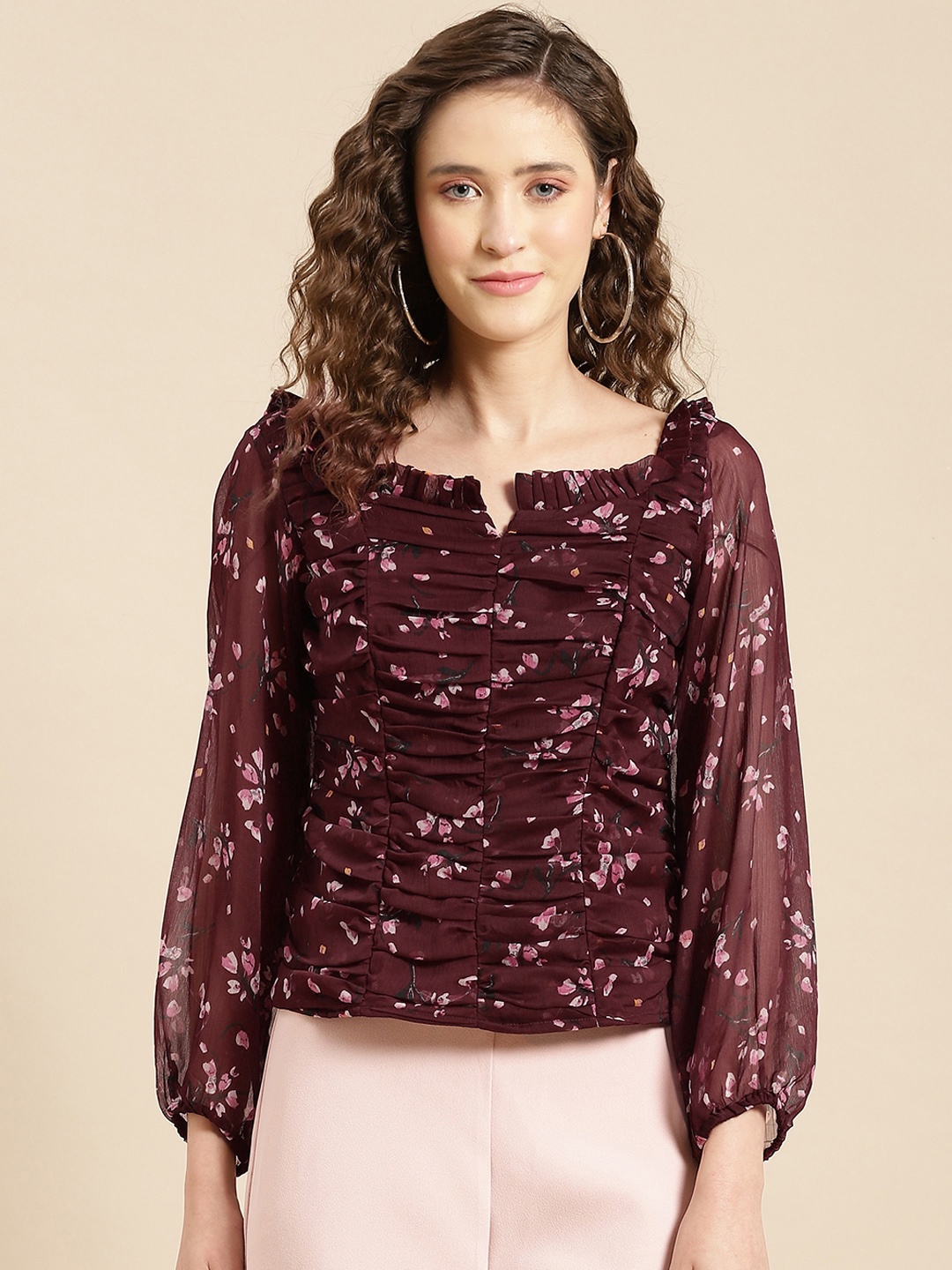 

WoowZerz Maroon Floral Print Square Neck Gathered Detail Georgette Top