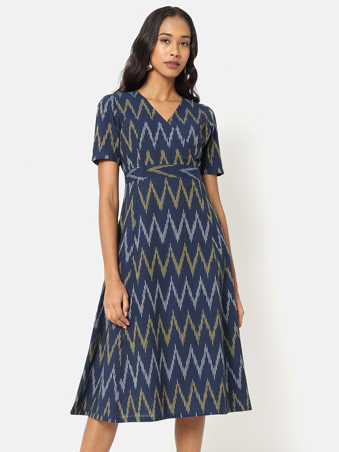 

Saaki Navy Blue Geometric Printed Wrap Midi Dress