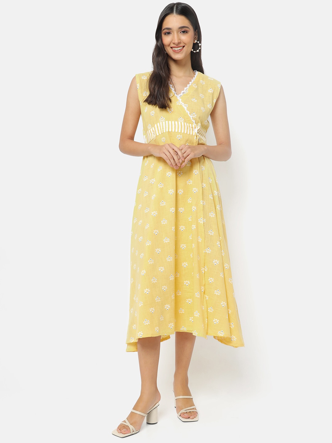 

Saaki Yellow Floral Ethnic Midi Dress