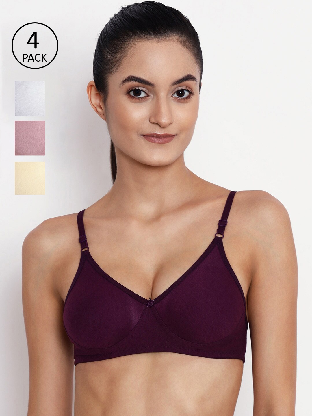 

ABELINO Pack Of 4 Solid Non Padded Non Wired T Shirt Bra, Purple