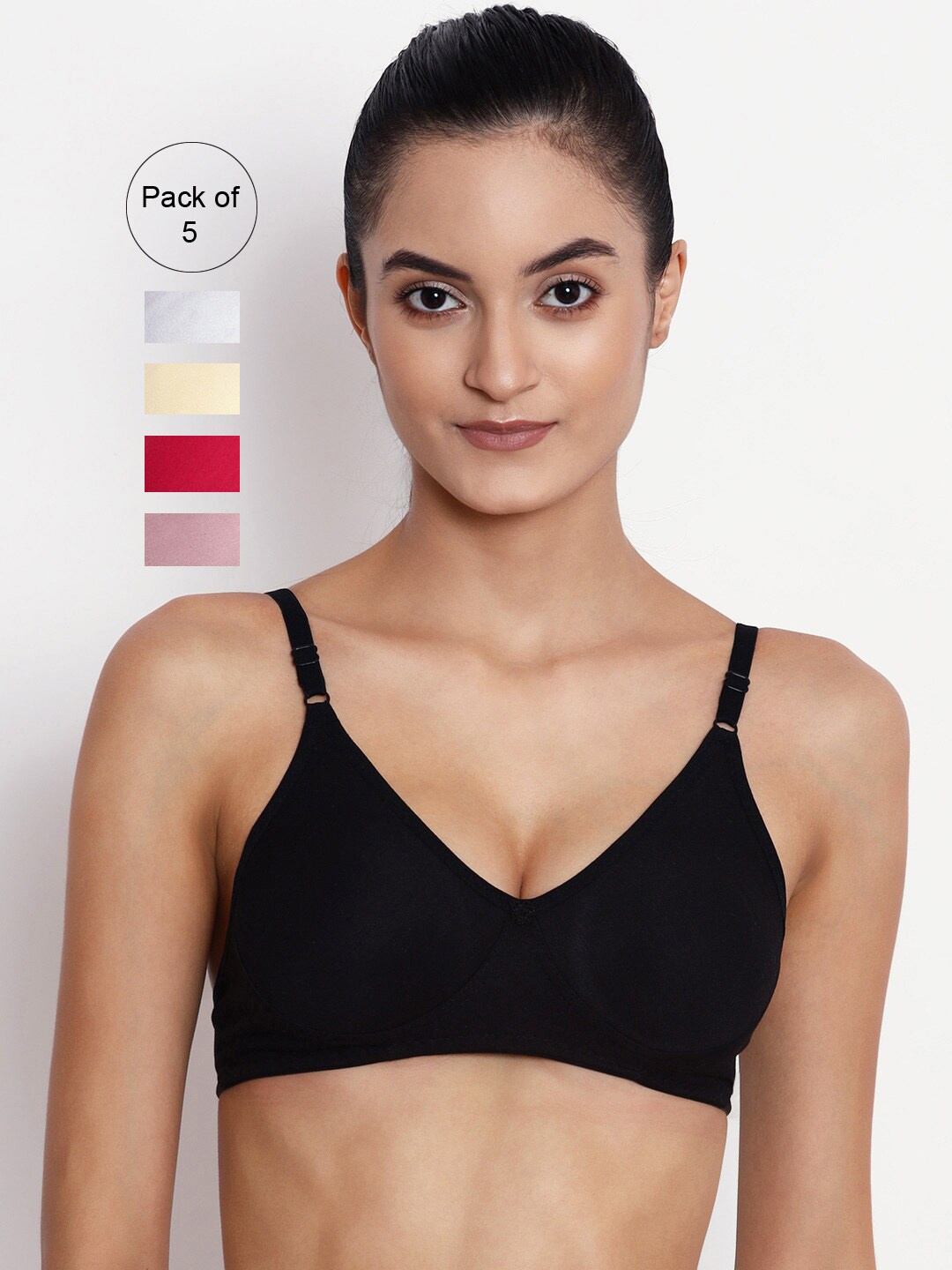 

ABELINO Pack Of 5 Solid Non Padded Non Wired T Shirt Bra, Black