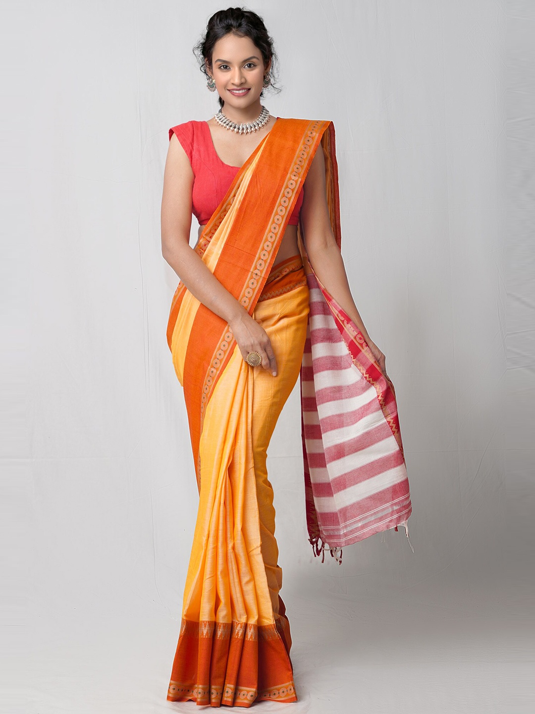 

Unnati Silks Peach-Coloured & Orange Pure Cotton Handloom Sustainable Chettinad Saree