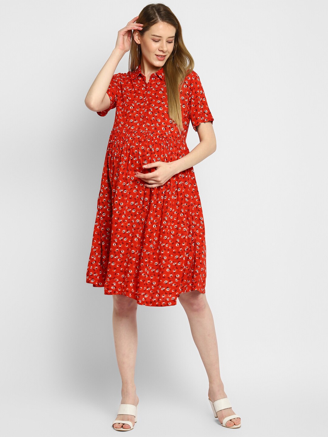 

Momsoon Maternity Red Floral Maternity Shirt Dress