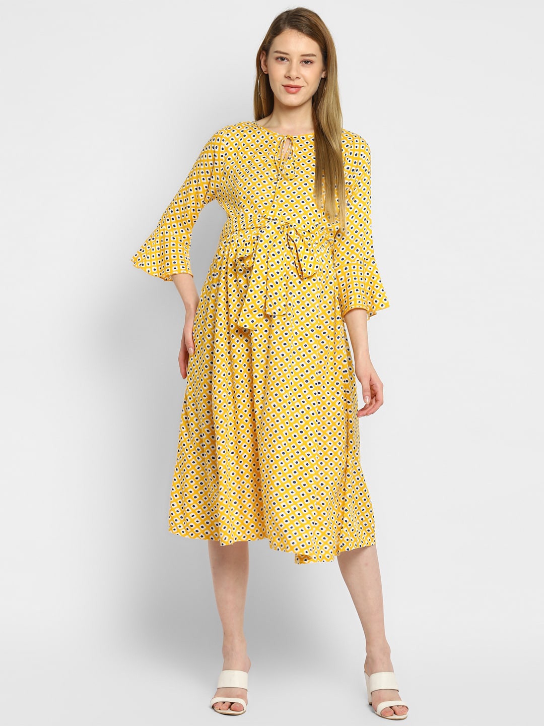 

Momsoon Maternity Yellow Floral Tie-Up Neck Maternity Midi Dress