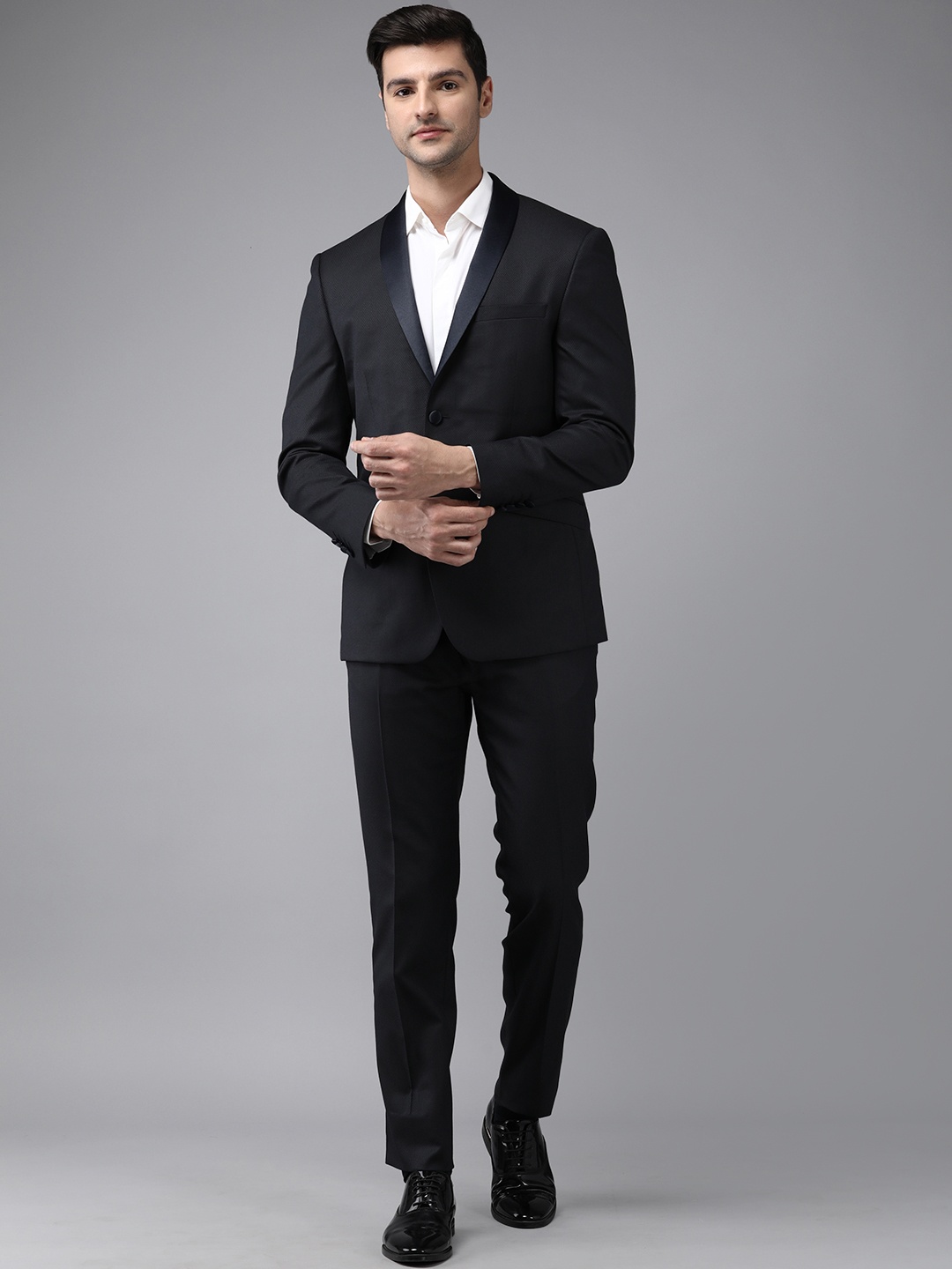 

Van Heusen Men Navy Blue Self-designed Single-Breasted Slim-Fit Formal Suit