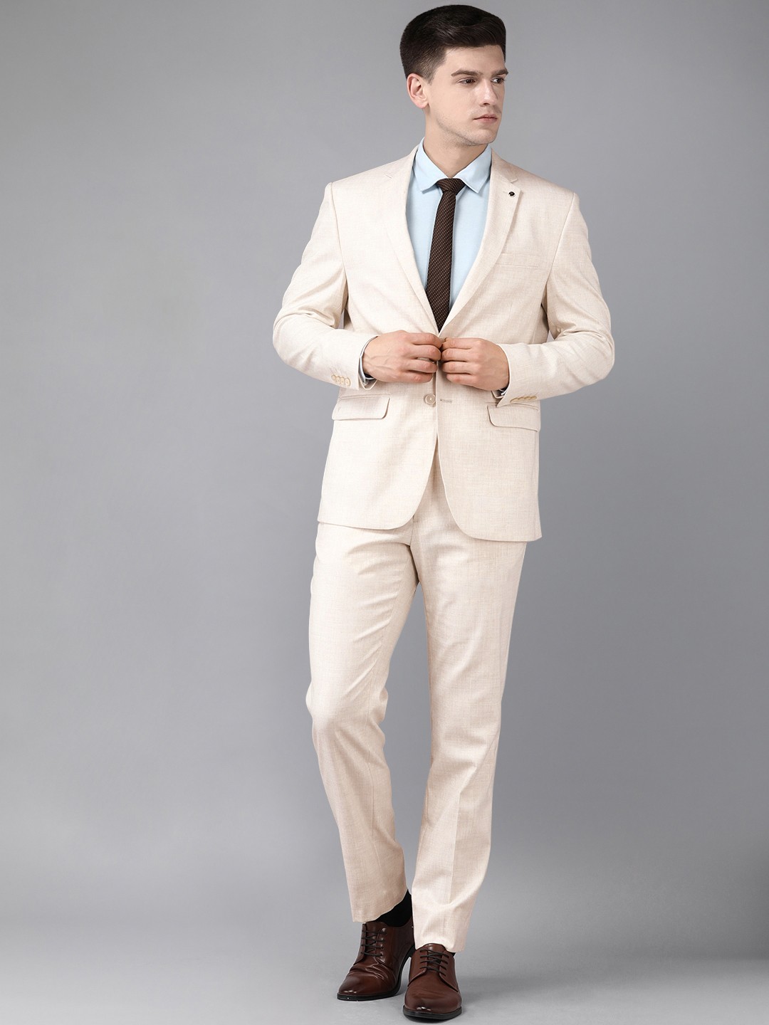 

Van Heusen Men Beige Self-Designed Slim-Fit Single-Breasted 2-Piece Formal Suit