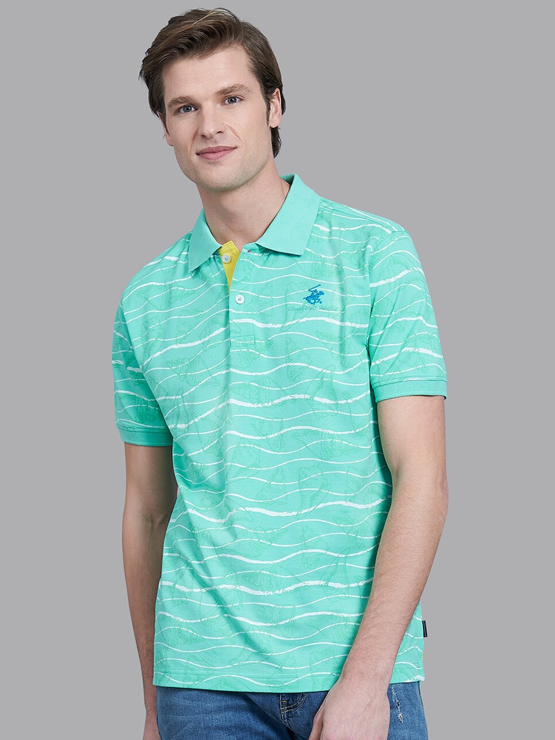 

Beverly Hills Polo Club Men Green & White Striped Polo Collar Cotton T-shirt