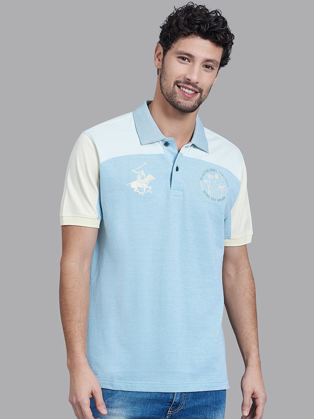 

Beverly Hills Polo Club Men Blue Colourblocked Cotton Polo Collar T-shirt