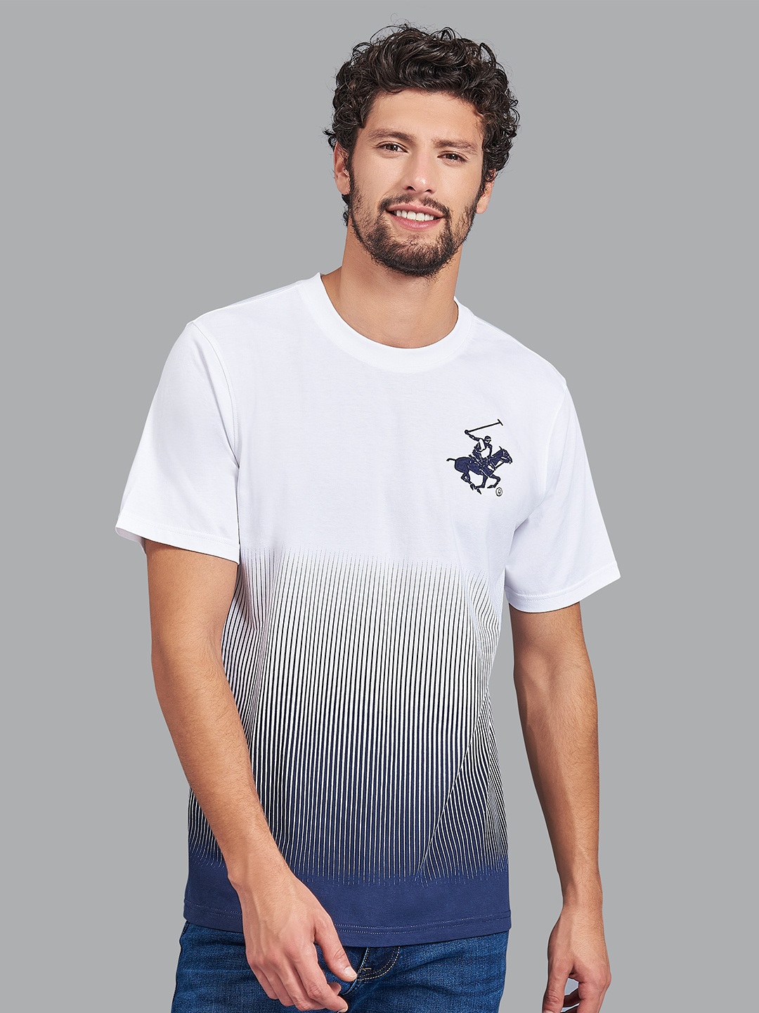 

Beverly Hills Polo Club Men White & Blue Printed T-shirt