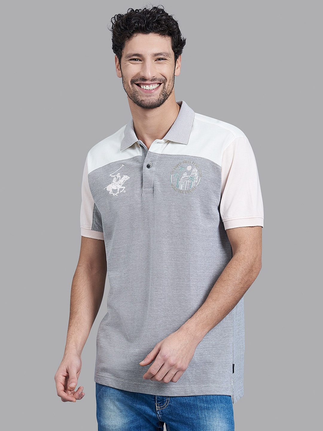 

Beverly Hills Polo Club Men Grey & White Colourblocked Polo Collar Cotton T-shirt