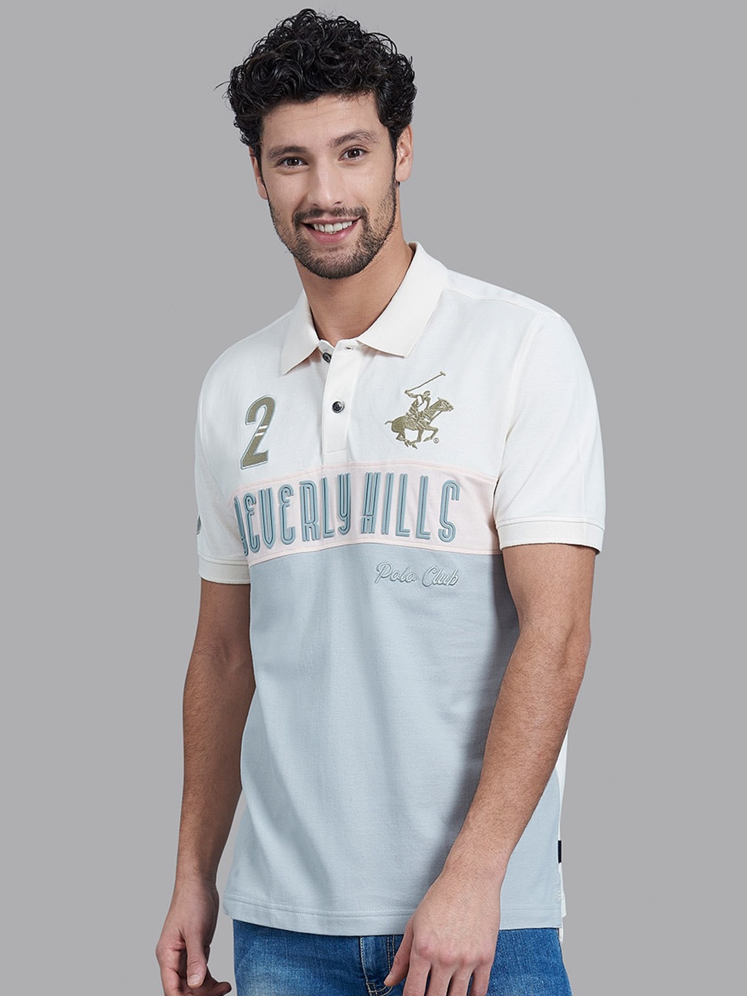 

Beverly Hills Polo Club Men Grey & Blue Printed Polo Collar T-shirt