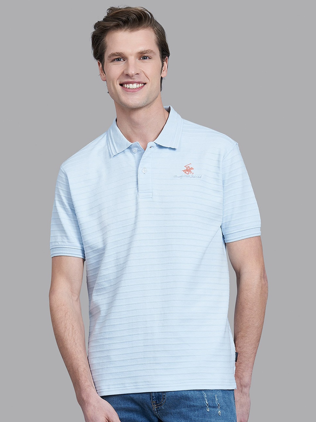 

Beverly Hills Polo Club Men Blue Striped Polo Collar T-shirt