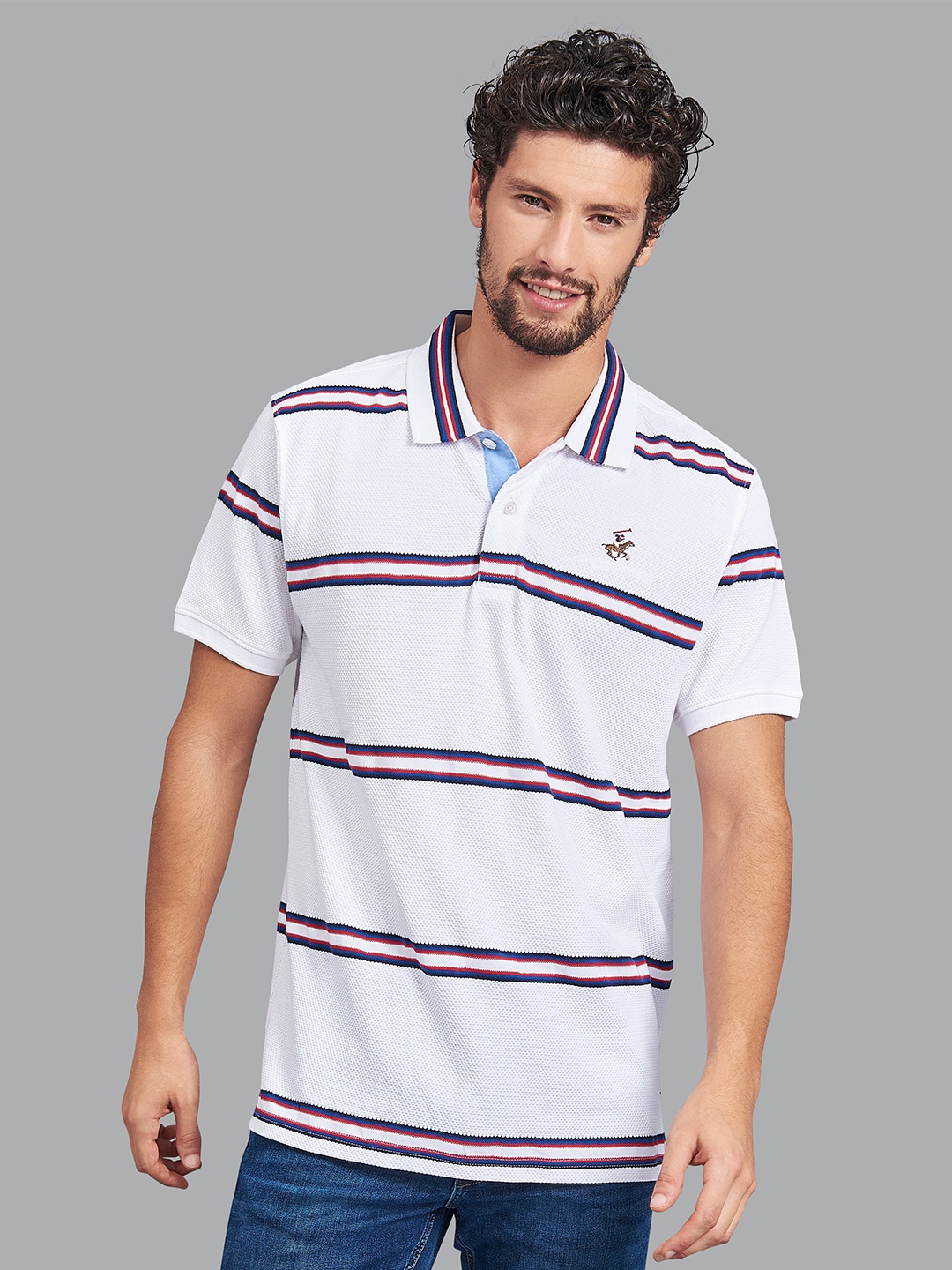 

Beverly Hills Polo Club Men White & Navy Blue Striped Polo Collar T-shirt