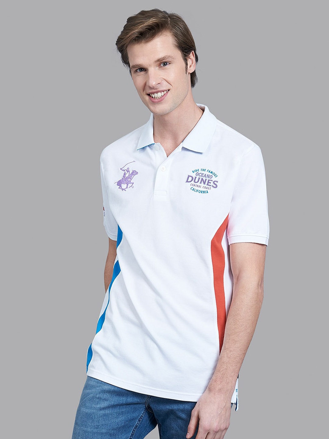 

Beverly Hills Polo Club Men White & Red Colourblocked Polo Collar T-shirt