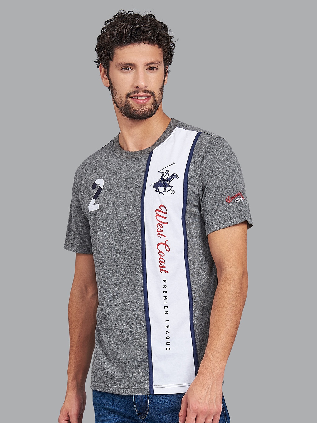 

Beverly Hills Polo Club Men Grey Melange & White Printed Cotton T-shirt