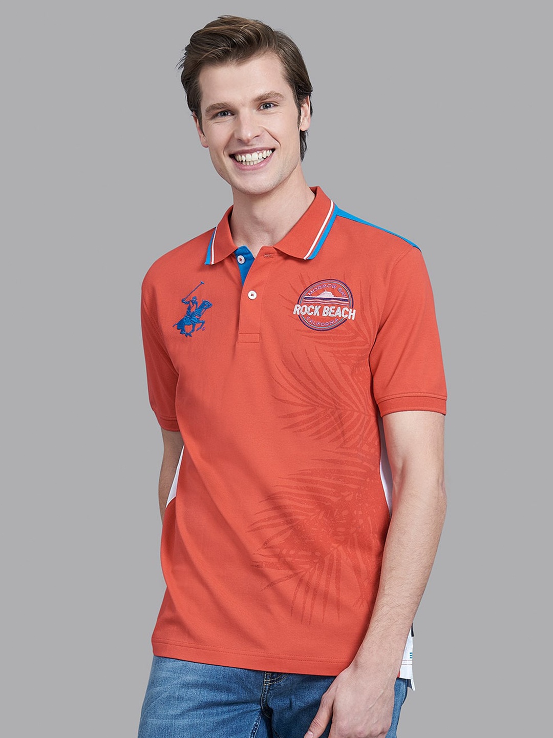 

Beverly Hills Polo Club Men Coral & Blue Polo Collar T-shirt