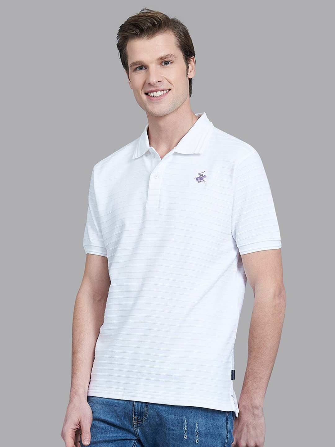 

Beverly Hills Polo Club Men White Self Striped Cotton Polo Collar T-shirt