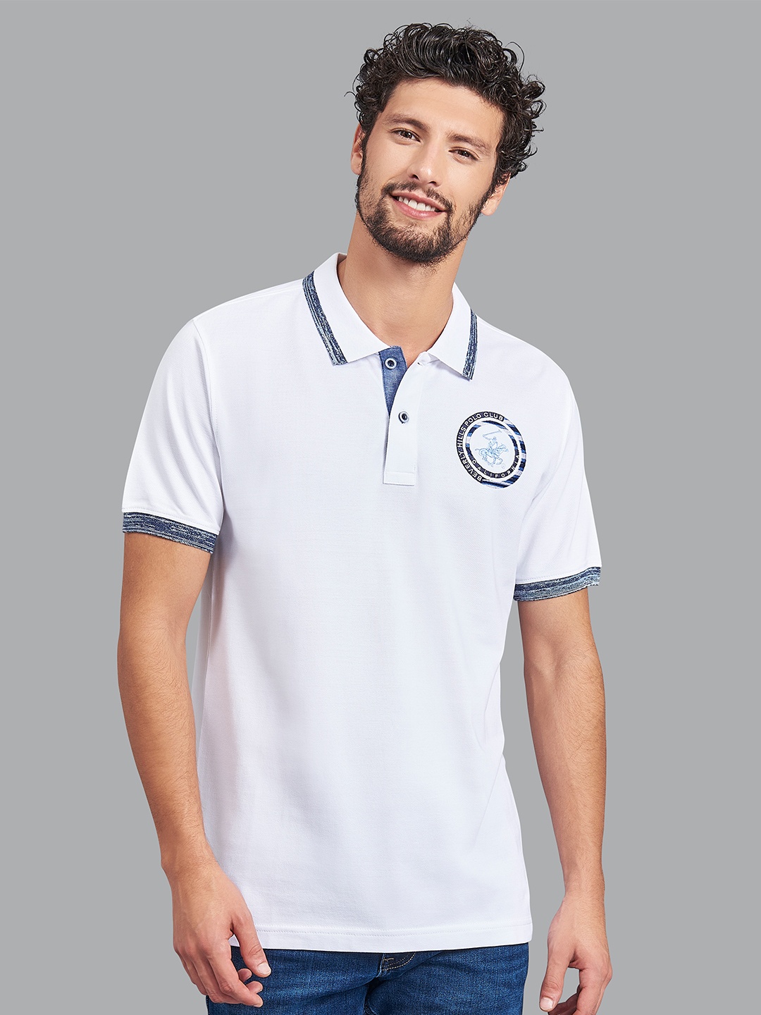 

Beverly Hills Polo Club Men White Polo Collar Applique T-shirt