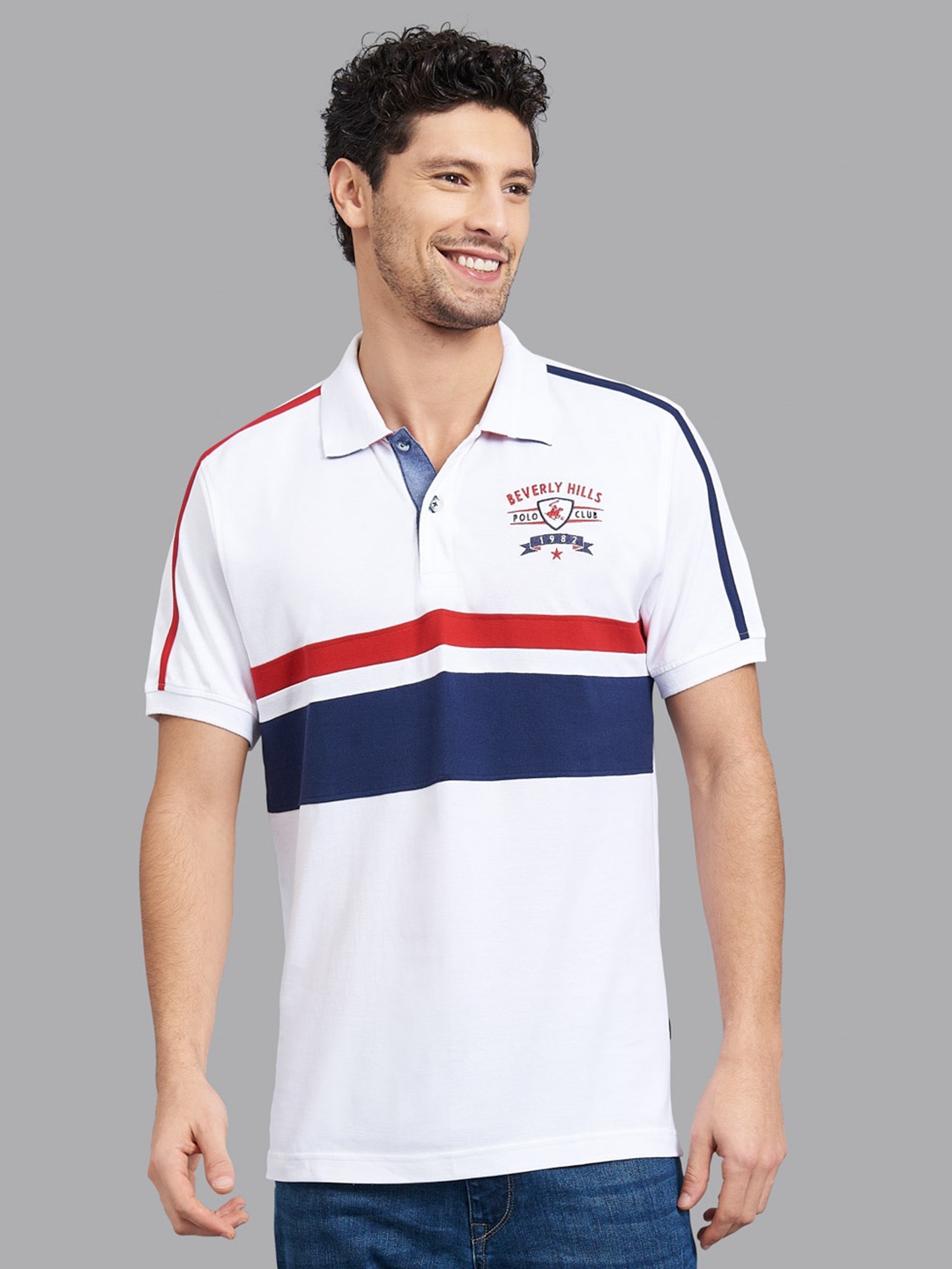 

Beverly Hills Polo Club Men White Striped Polo Collar T-shirt