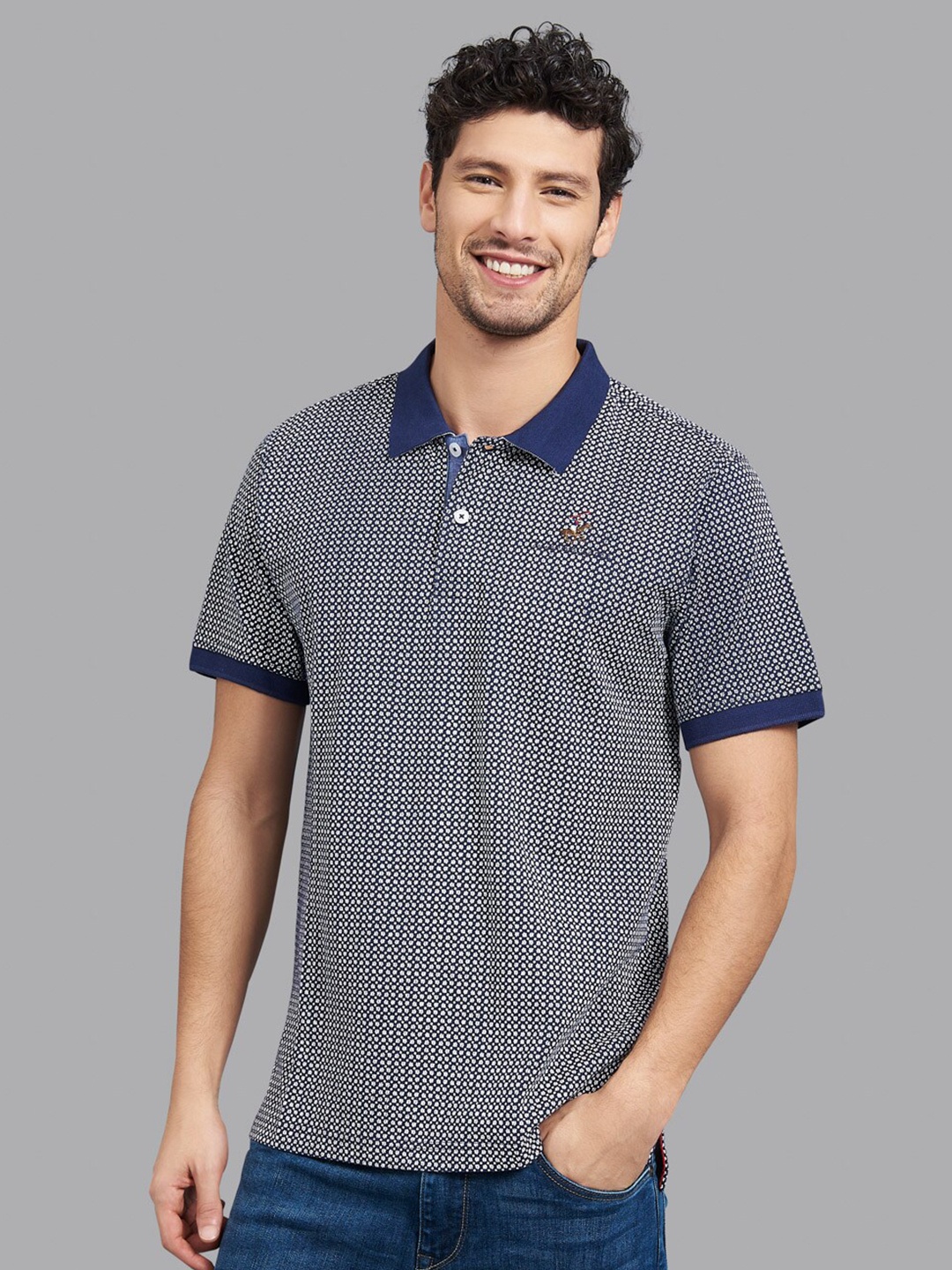 

Beverly Hills Polo Club Men Navy Blue & White Printed Polo Collar Cotton T-shirt