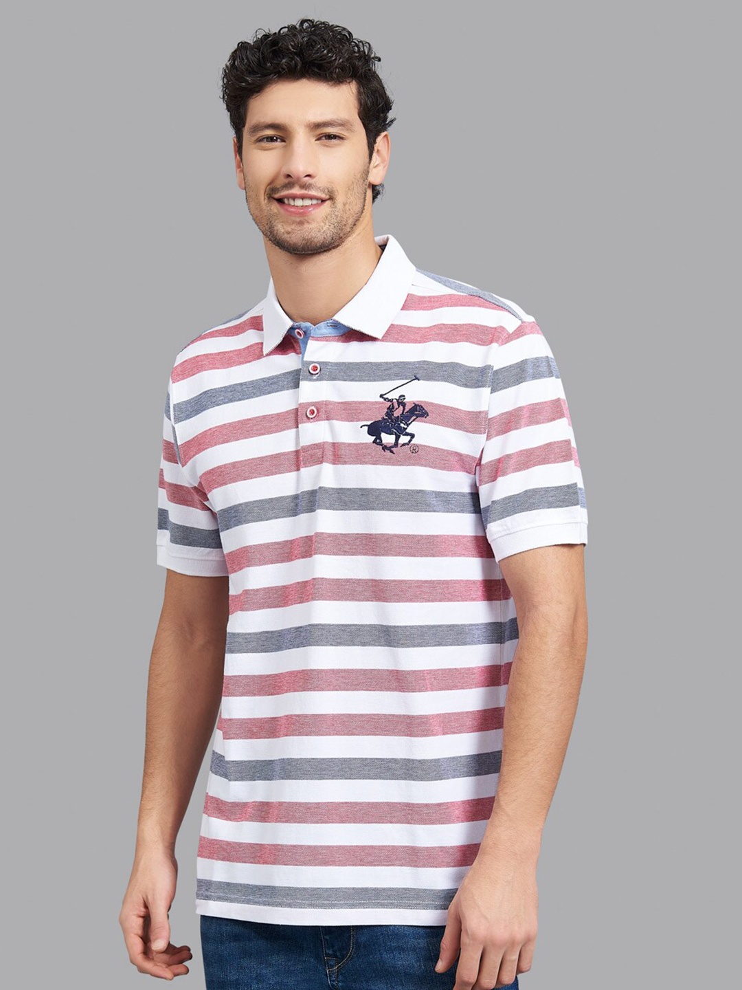 

Beverly Hills Polo Club Men White & Coral Striped Polo Collar T-shirt