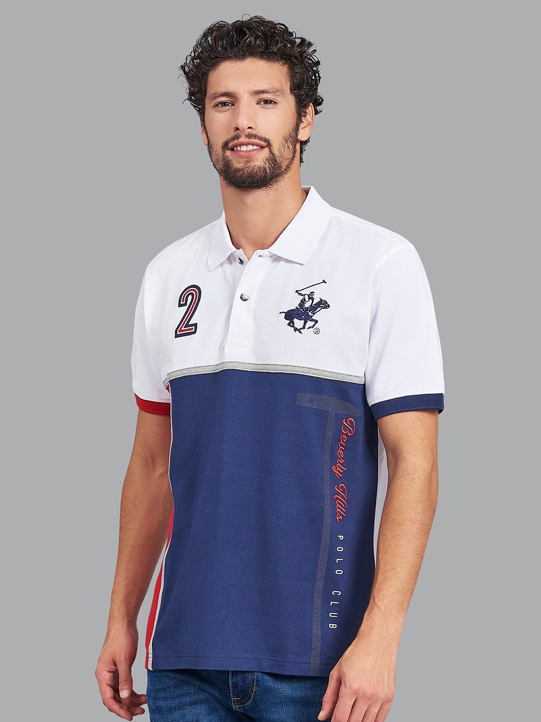 

Beverly Hills Polo Club Men White & Blue Colourblocked Polo Collar Cotton T-shirt