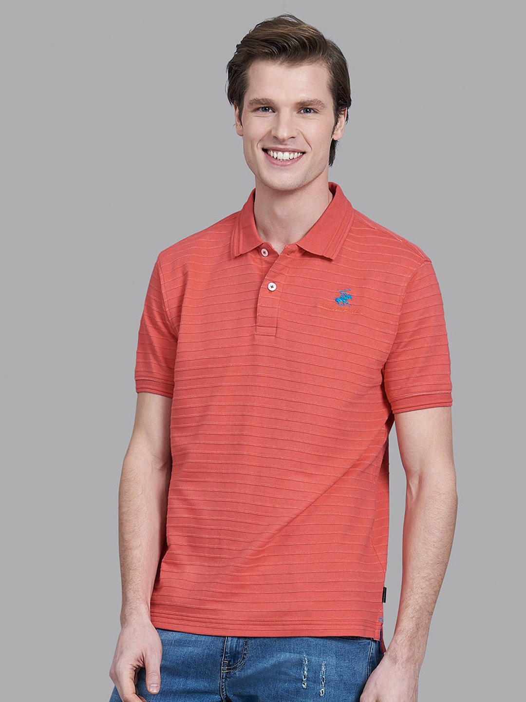 

Beverly Hills Polo Club Men Coral Striped Polo Collar T-shirt