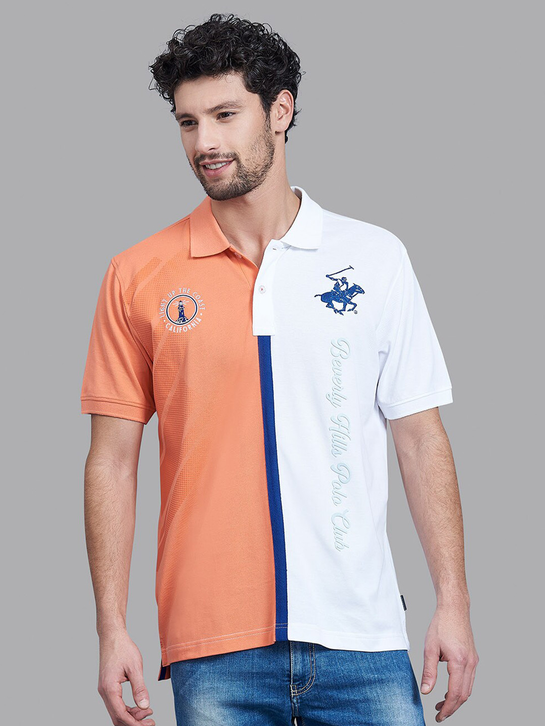 

Beverly Hills Polo Club Men Coral & White Colourblocked Polo Collar T-shirt
