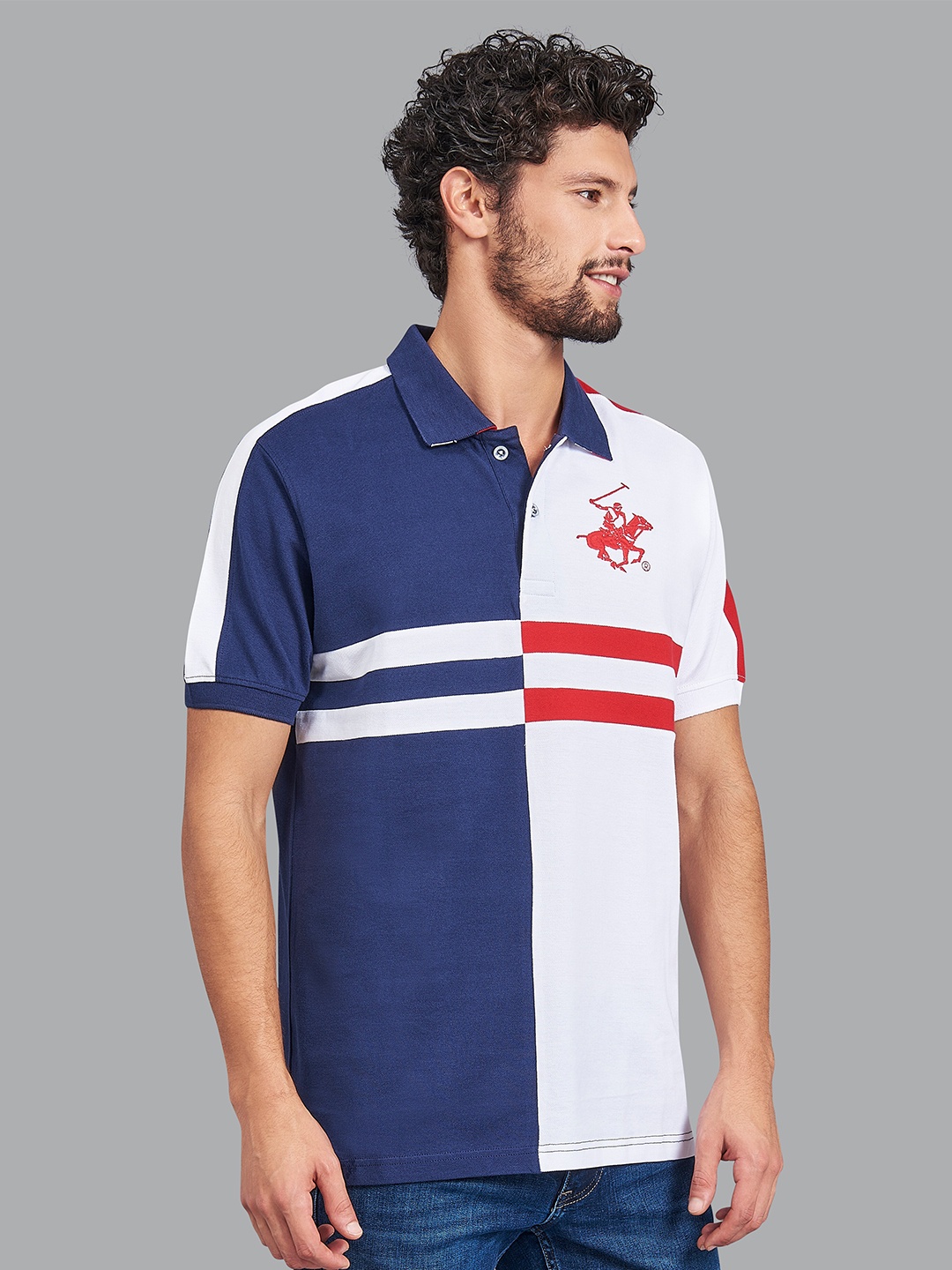 

Beverly Hills Polo Club Men Navy Blue & White Colourblocked Polo Collar T-shirt