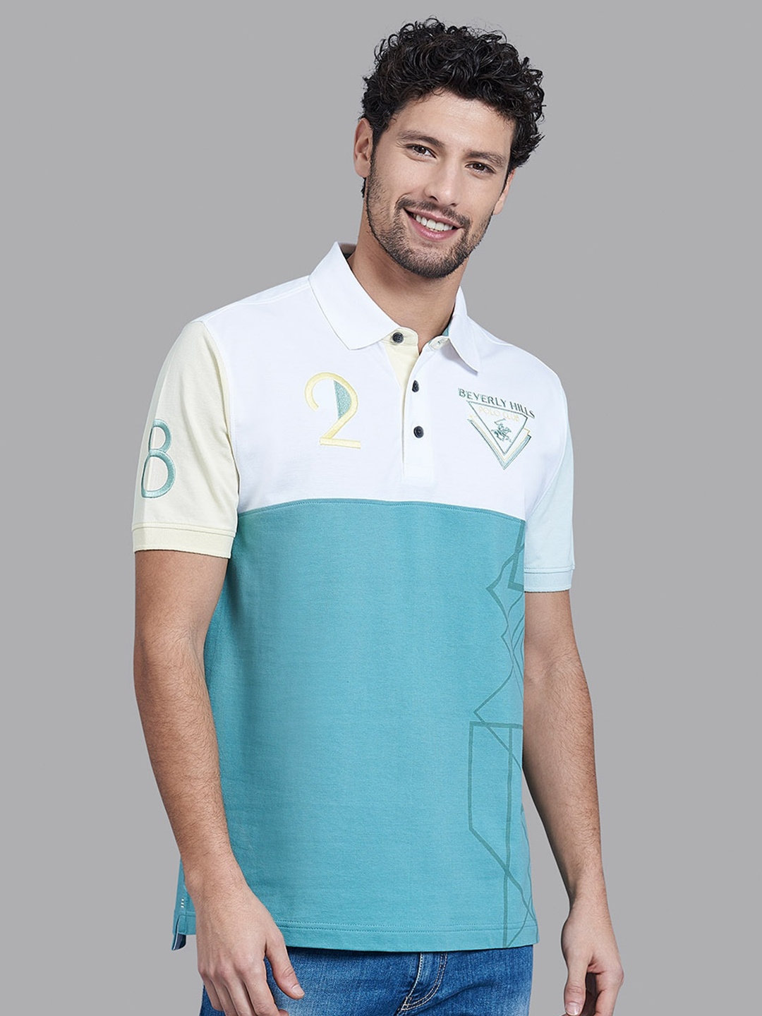 

Beverly Hills Polo Club Men Green & White Colourblocked Polo Collar T-shirt