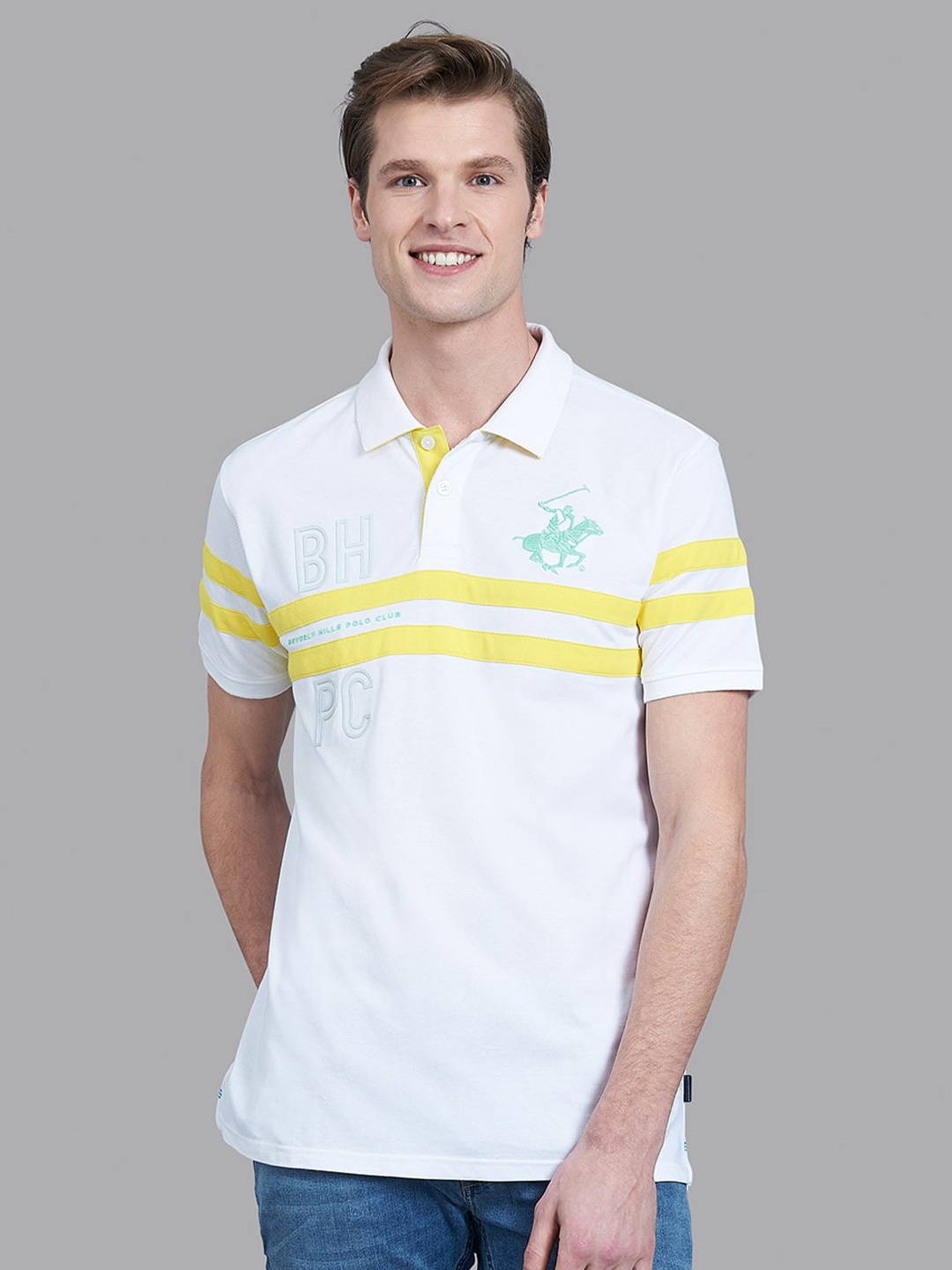 

Beverly Hills Polo Club Men White Varsity Striped Polo Collar Applique T-shirt