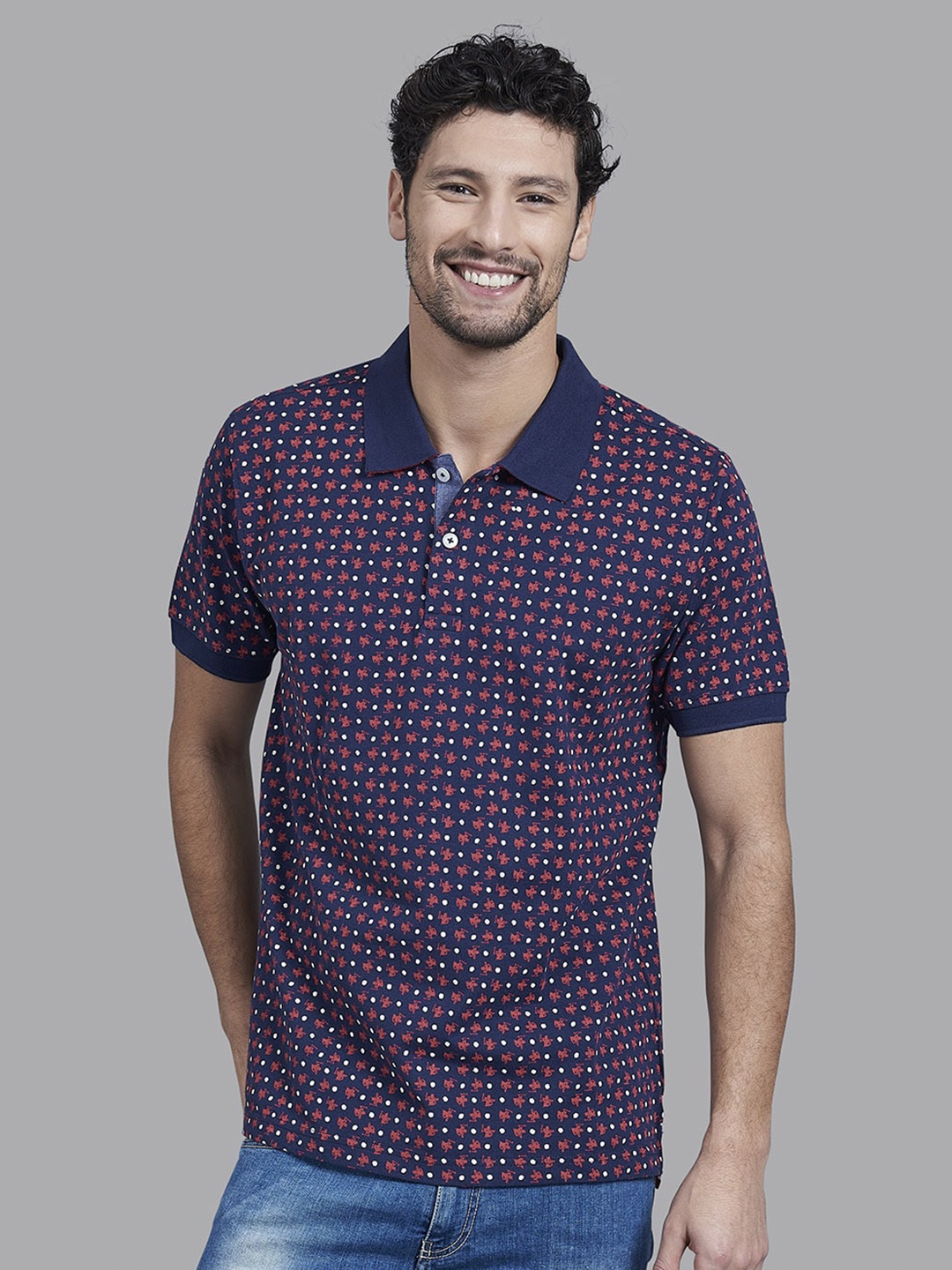 

Beverly Hills Polo Club Men Navy Blue & Pink Printed Polo Collar Cotton T-shirt
