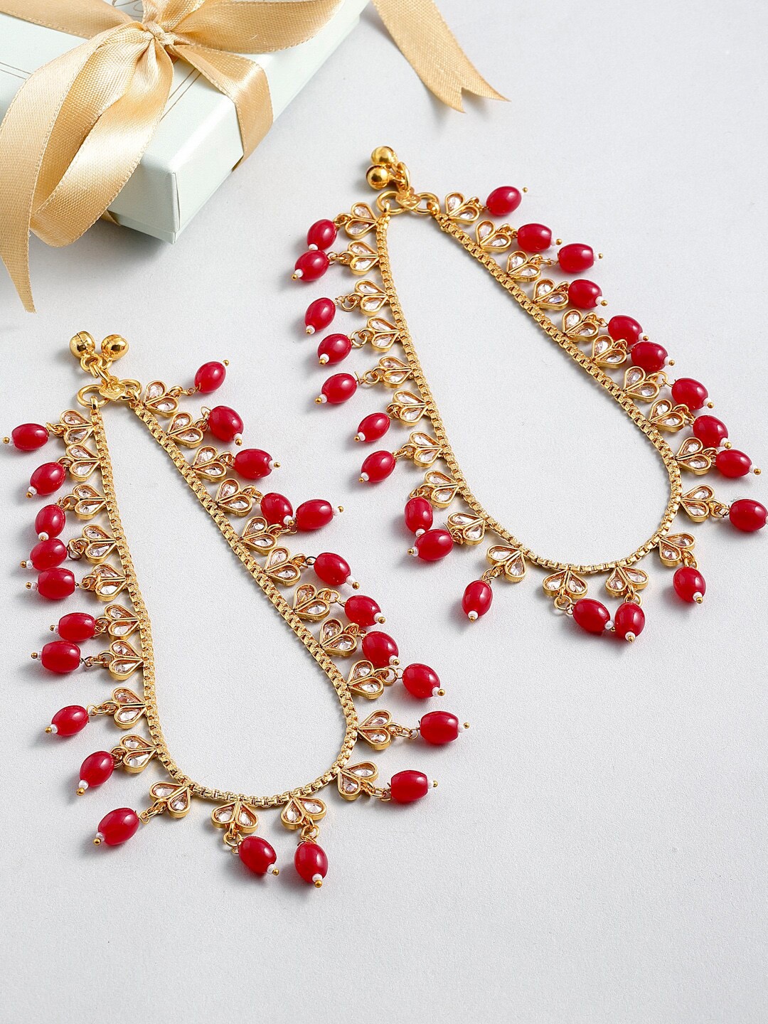 

ZENEME Set Of 2 Gold-Toned & Red Gold-Plated Kundan-Studded Beaded Anklets